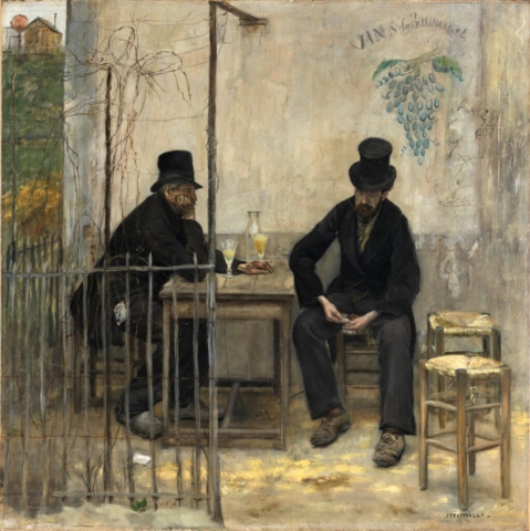 Jean-François Raffaëlli (French 1850–1924), The Absinthe Drinkers, 1881. Oil on canvas, 42 1/2 × 42 1/2 in. Fine Arts Museums of San Francisco, Museum purchase, Roscoe and Mar- garet Oakes Income Fund, Jay D. and Clare C. McEvoy Endowment Fund, Tribute Funds, friends of lan White Endowment Fund, Unrestricted Art Acquisition Endowment Income Fund, Grover A. Magnin Bequest Fund, and the Yvonne Cappeller Trust, 2010.16.