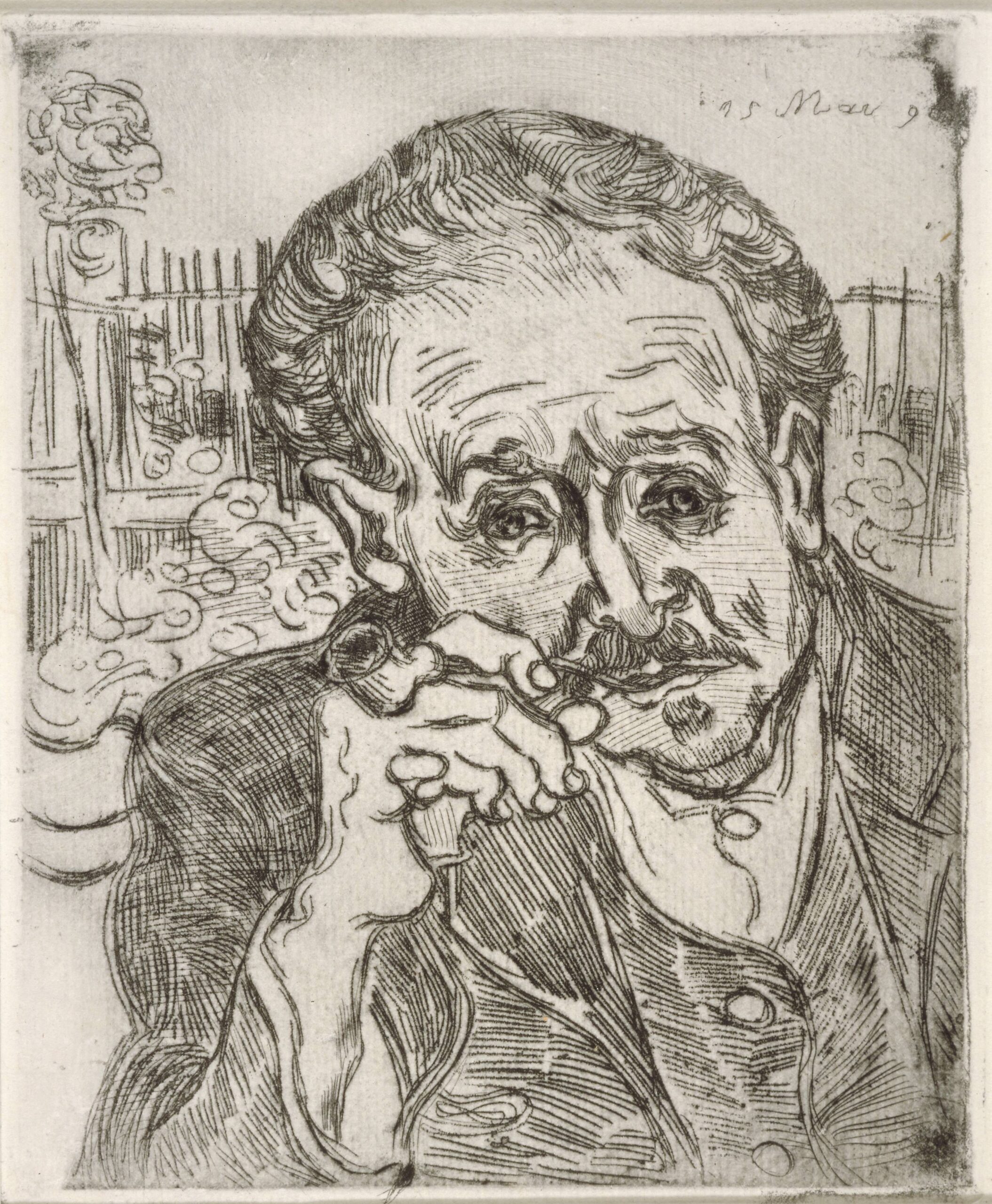 Vincent van Gogh (Dutch, 1853–1890), Portrait of Dr. Gachet (Auvers-sur-Oise), May 15, 1890. Etching, 7 × 5 3/8 in. Lent by the Minneapolis Institute of Art, Gift of Bruce B. Dayton, 1962, P.13.251.