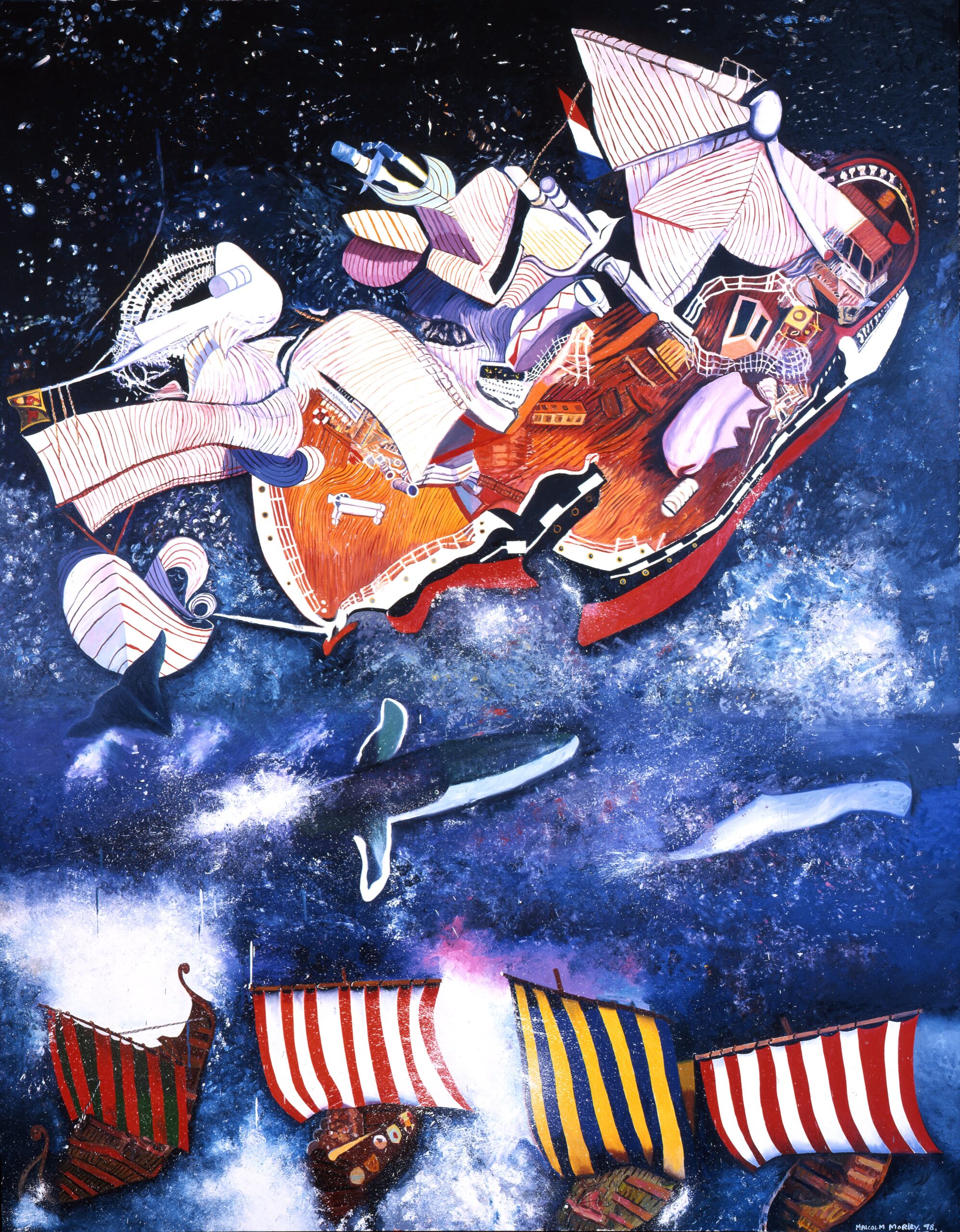 Malcolm Morley, Floundering Vessel with Blue Whales and Viking Ships, 1998. Oil on linen, Museum Purchase
