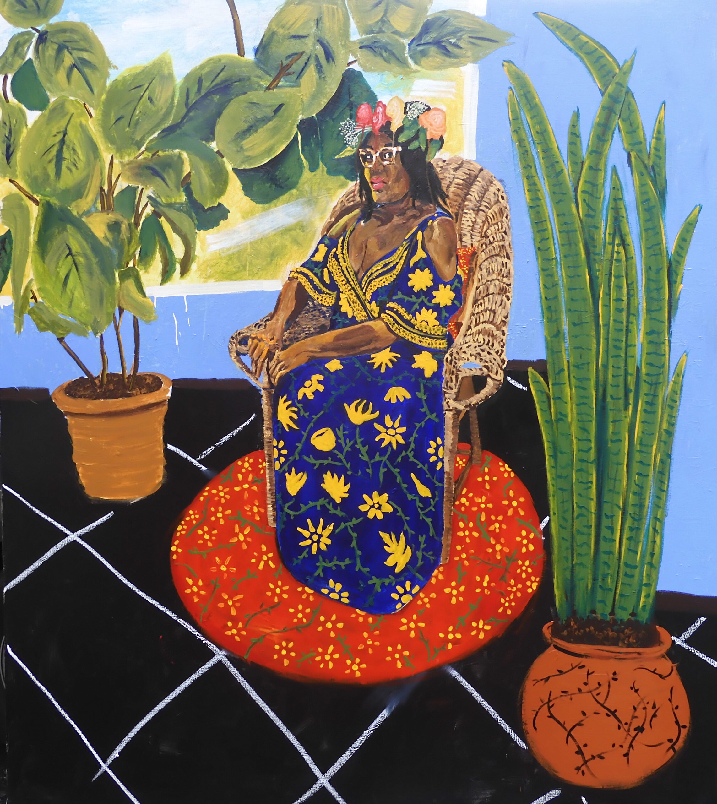 Jerrell Gibbs, Lady in Blue Dress, 2020, Acrylic, Oil stick on canvas, 80 1/4 x 70 1/4 inches, Courtesy the artist and Mariane Ibrahim, Chicago, IL