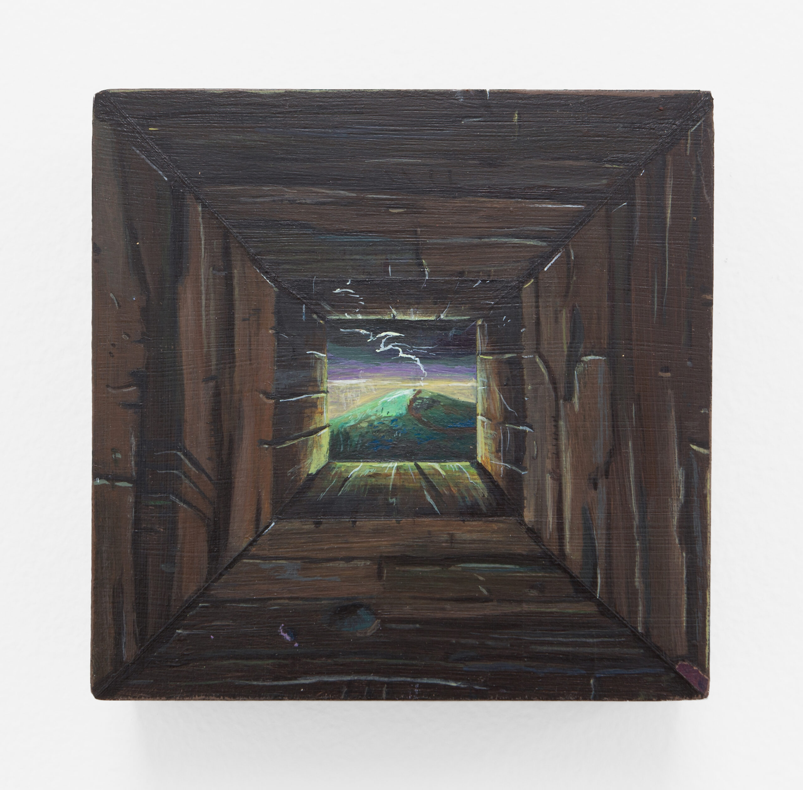 Alexander Harrison, Just Over the Hill, 2021, Acrylic on panel, 4 x 4 inches, Courtesy the artist and Various Small Fires, Los Angeles / Seoul