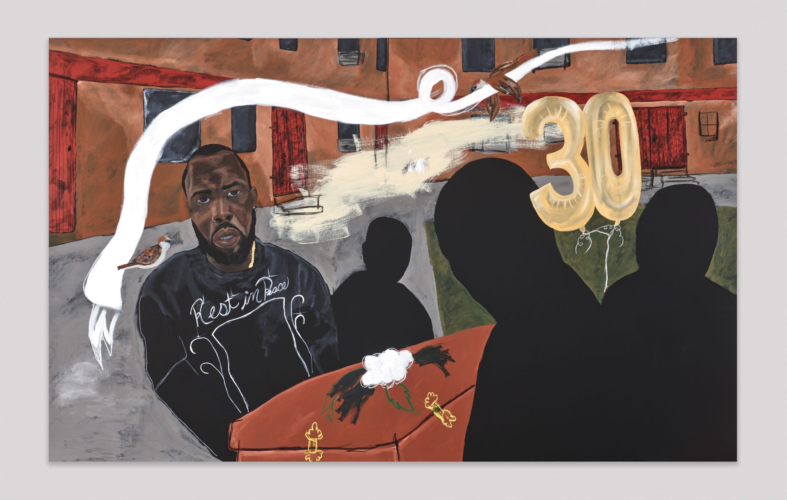 Jammie Holmes, Carrying Caskets #3, 2021, Acrylic and oil pastel on canvas, 79 3/4 x 130 inches, Courtesy the artist and Library Street Collective, Detroit, MI