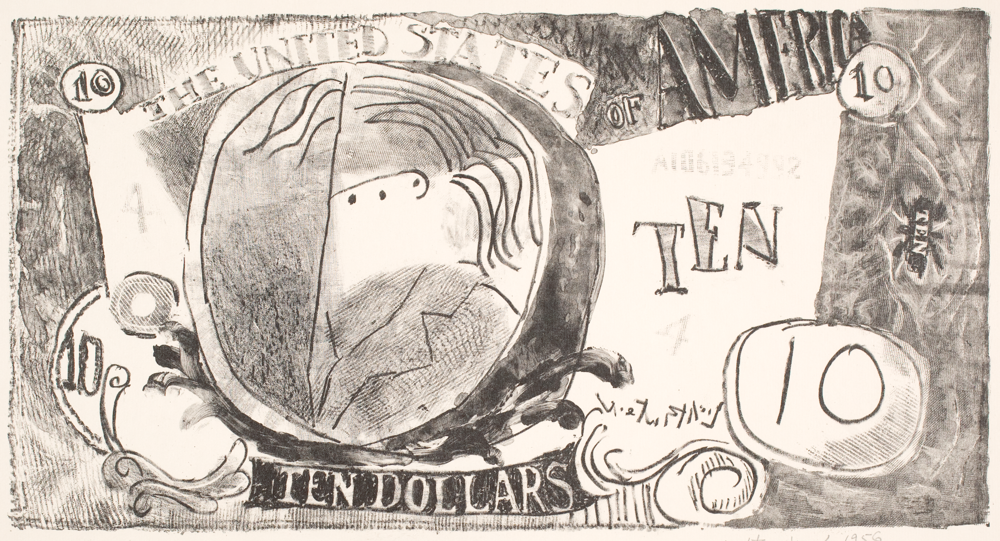 Roy Lichtenstein, Ten Dollar Bill (Ten Dollars), 1956. Lithograph on wove paper, edition 4/25; 16 7/8 x 22 5/8 inches (42.9 x 57.5 cm). Collection of the Whitney Museum of American Art, New York. The Roy Lichtenstein Study Collection; gift of the Roy Lichtenstein Foundation, 2019.92. Estate of Roy Lichtenstein.