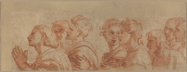Raphael, Eight Apostles, c. 1514. Red chalk over stylus underdrawing and traces of leadpoint on laid paper, cut in two pieces and rejoined; laid down. National Gallery of Art, Washington, Woodner Collection, 1993