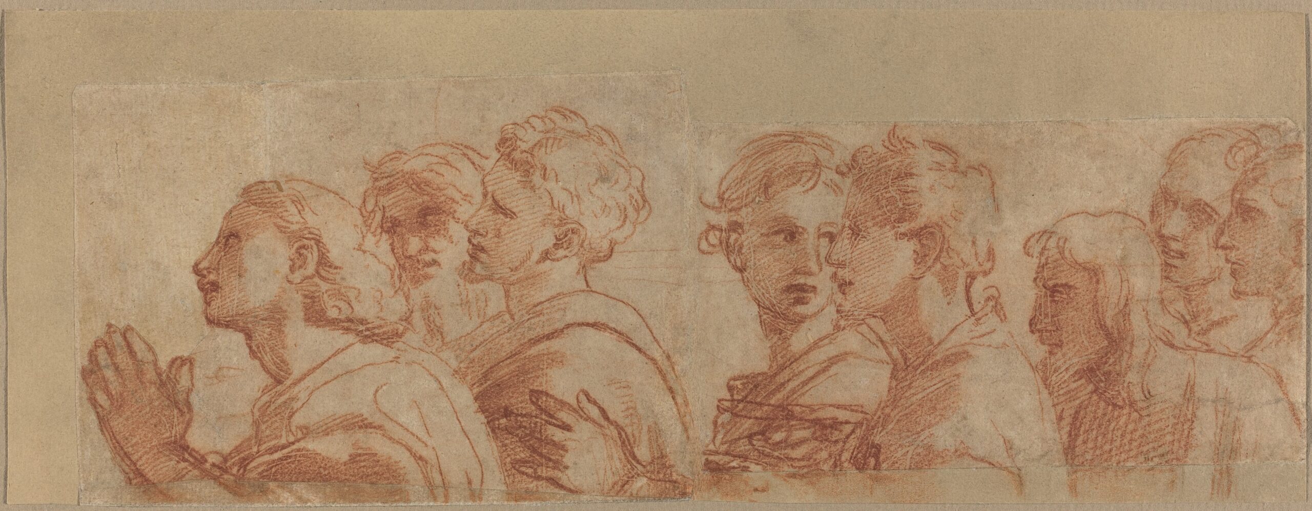Raphael, Eight Apostles, c. 1514. Red chalk over stylus underdrawing and traces of leadpoint on laid paper, cut in two pieces and rejoined; laid down. National Gallery of Art, Washington, Woodner Collection, 1993