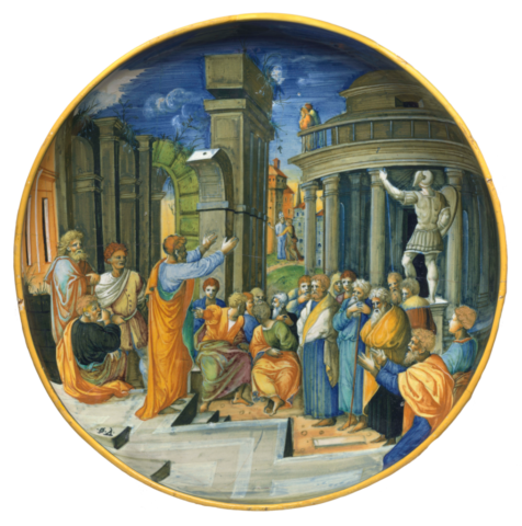 Workshop of Guido Durantino (probably by Orazio Fontana), Plate with Saint Paul Preaching at Athens, c. 1535. Maiolica. National Gallery of Art, Washington, Cocoran Collection (William A. Clark Collection), 2014.136.326