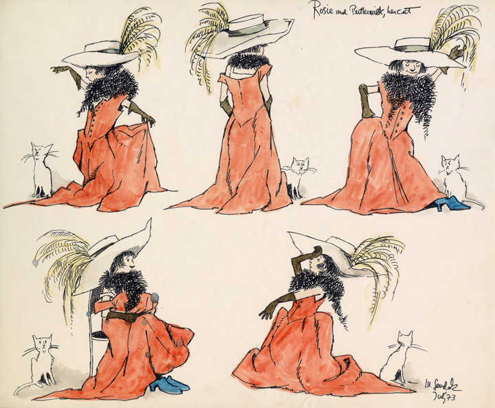 Maurice Sendak, Rosie and Buttermilk, her Cat, character studies for Really Rosie animation, 1973, watercolor and ink on paper, 13 ¾ x 15 5/8” © The Maurice Sendak Foundation