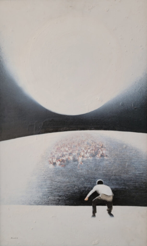 Petr Belenok, Exodus, 1986. Oil and collage on hardboard