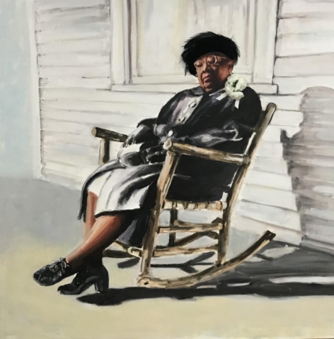 Avis Collins Robinson, Aunt Doc Fell Asleep Waiting To Go To Church, 2020. Oil on canvas with feathers and paper flowers, Courtesy of PRM Ancestors LLC