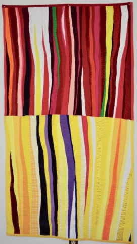 Avis Collins Robinson, Shock, 2017. Calico, corduroy, cotton, satin, silk and velvet strip quilt, Courtesy of PRM Ancestors LLC