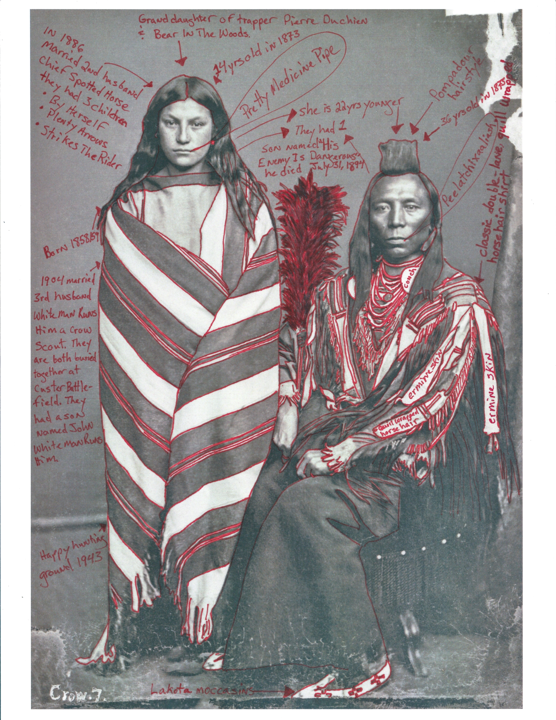 Wendy Red Star, Portrait of Perits-Har-Sts (Old Crow) and with His Wife, Ish-Ip-Chi-Wak-Pa-I-Chis (Good or Pretty Medicine Pipe) – from the series Diplomats of the Crow Nation, 1873 Crow Delegation, 2017. Pigment print on archival photo-paper, 17 x 25 in. (43.2 x 63.5 cm). Collection of the artist © Wendy Red Star
