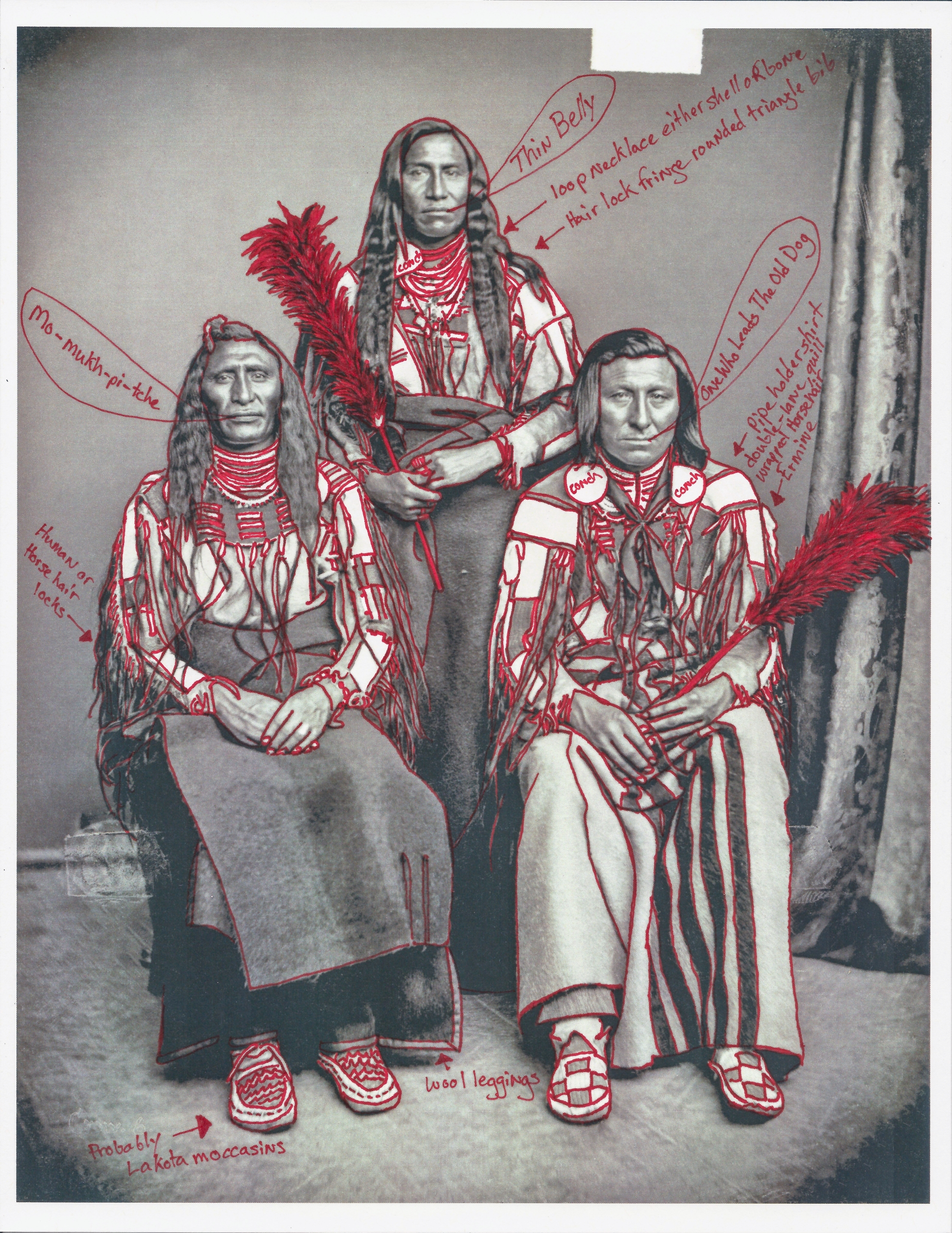 Wendy Red Star, Group Portrait of Three Men, Mo-Mukh-Pi-Tche, Ella-Causs-Se (Thin Belly), and Pish-Ki-Ha-DiRi-Ky-Ish (One Who Leads The Old Dog), from the series Diplomats of the Crow Nation, 1873 Crow Peace Delegation, 2017. Pigment print on archival photo-paper, 17 x 25 in. (43.2 x 63.5 cm) Collection of the artist © Wendy Red Star