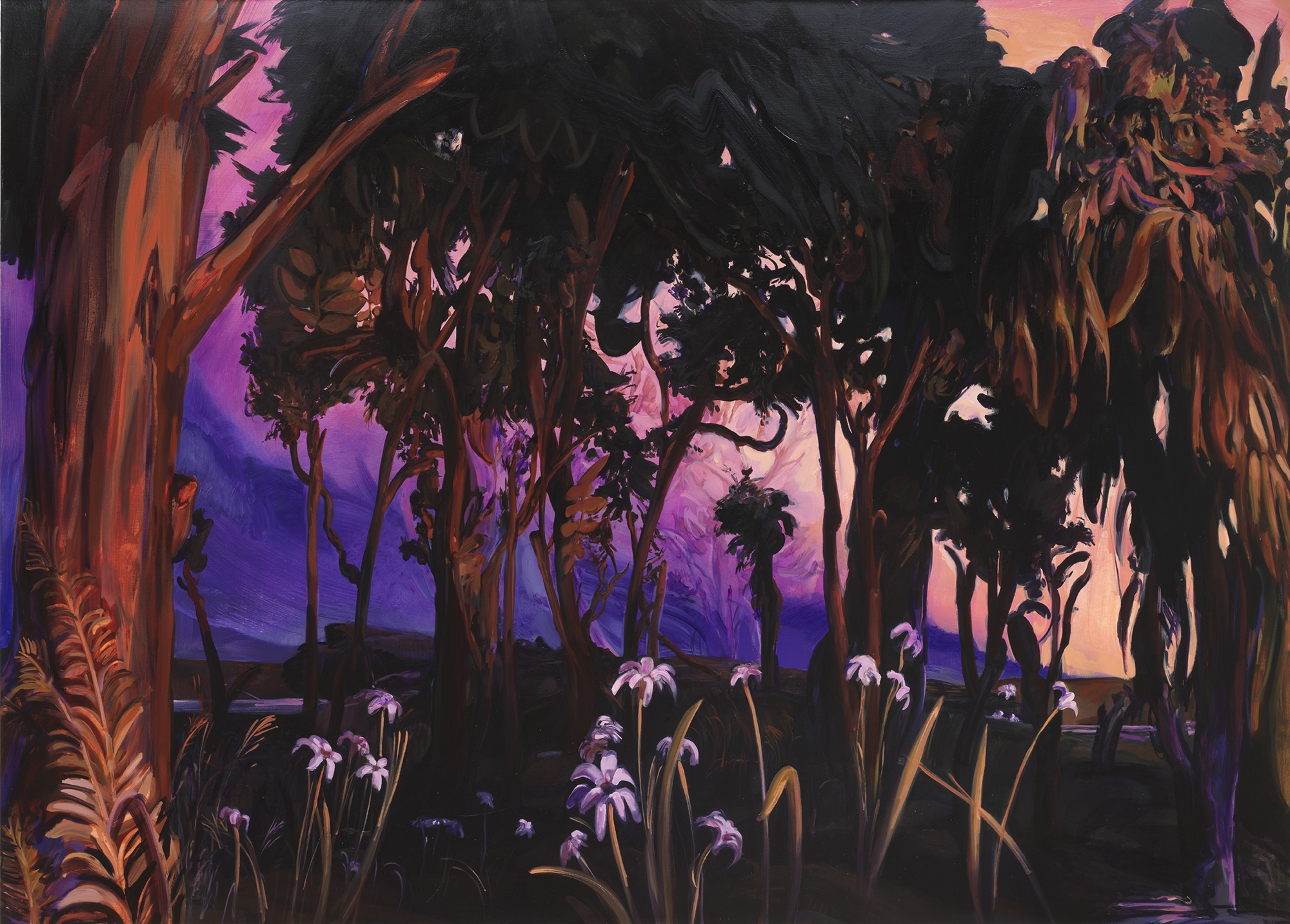 Emma Webster, Dusk Till Dawn, 2021. Oil on linen. 60 x 84 inches Unframed: 60 1/4 x 84 1/4 x 2 inches. © the artist, image courtesy of the artist and Alexander Berggruen, New York