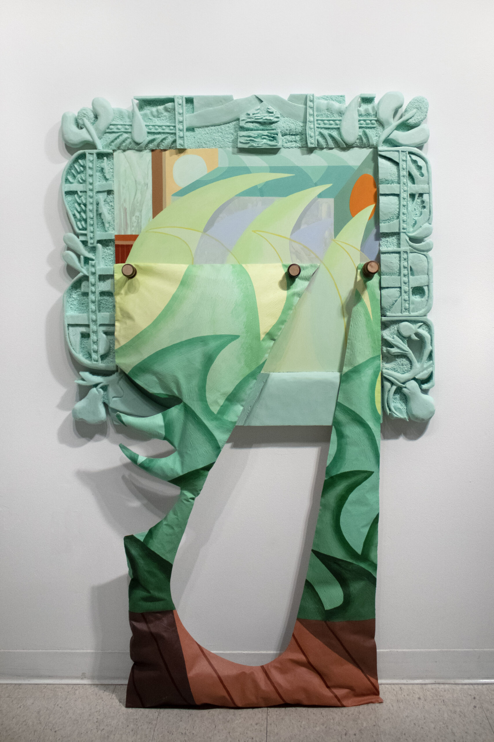 Hannah Parrett, Headstone for Interior Waves, 2022. Oil on panel, acrylic on canvas, foam, spindles, 73 x 42 x 3 in.