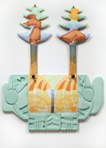Hannah Parrett, Headstone for Exterior Waves, 2022. Oil on panel, acrylic on canvas, foam, spindles. 73 x 57 x 3 in.