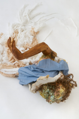 Catalina Ouyang, Kicked Madonna (Crystal), 2022. Wood, mustang pelvis, epoxy clay, Hydrocal®, gypsum, papier-mâché, beeswax, oyster shells, horsehair, polyester, and cotton gauze. 50 x 36 x 21 inches. Courtesy of No Place Gallery and Catalina Ouyang; documentation by Jake Holler.