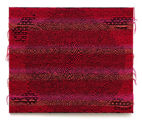 Sarah Rosalena, Spiral Arm Red, 2023. Hand-dyed cochineal wool yarn, cotton yarn, image source Milky Way Galaxy. Courtesy of the artist, photo by Ruben Diaz