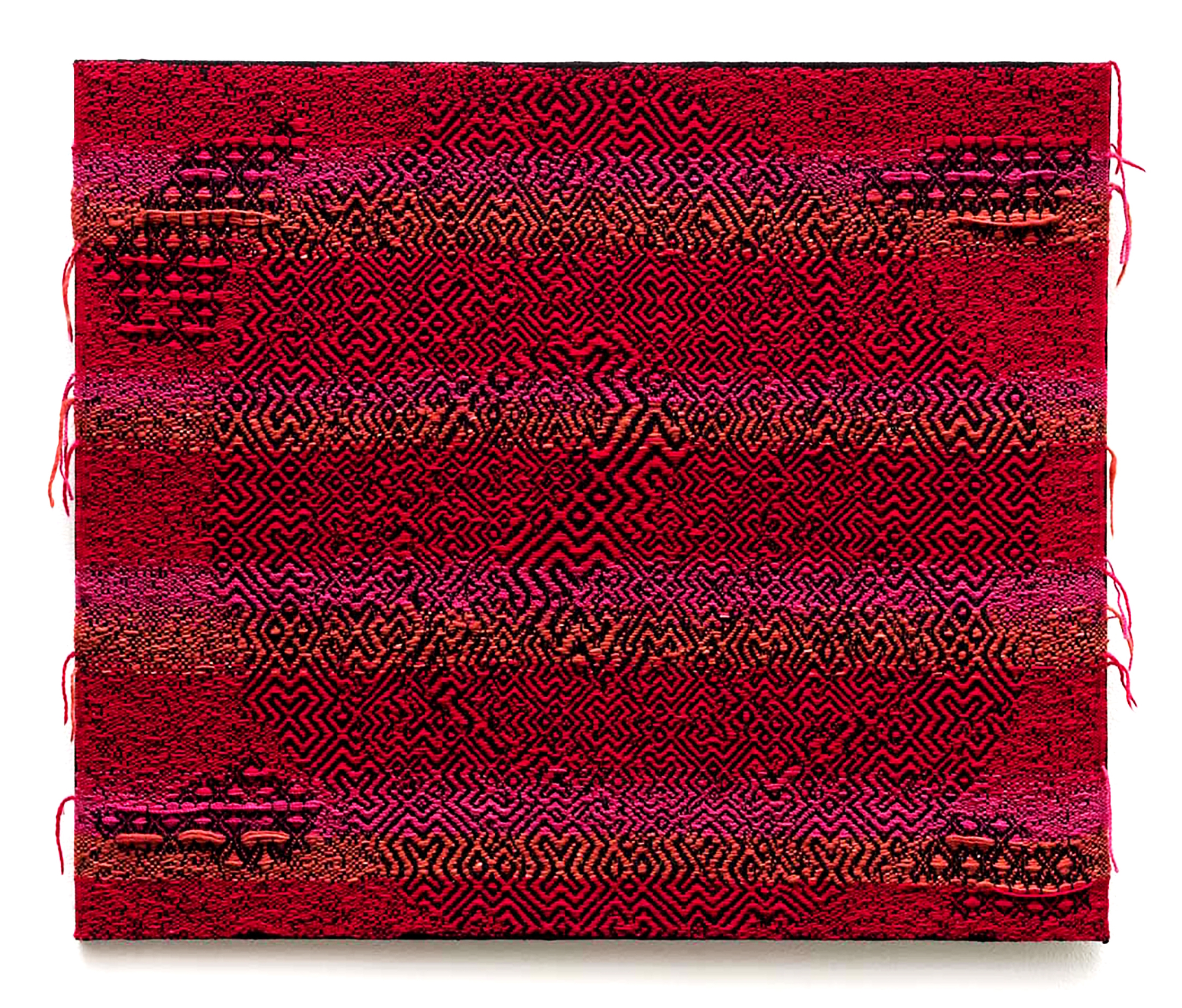 Sarah Rosalena, Spiral Arm Red, 2023. Hand-dyed cochineal wool yarn, cotton yarn, image source Milky Way Galaxy. Courtesy of the artist, photo by Ruben Diaz