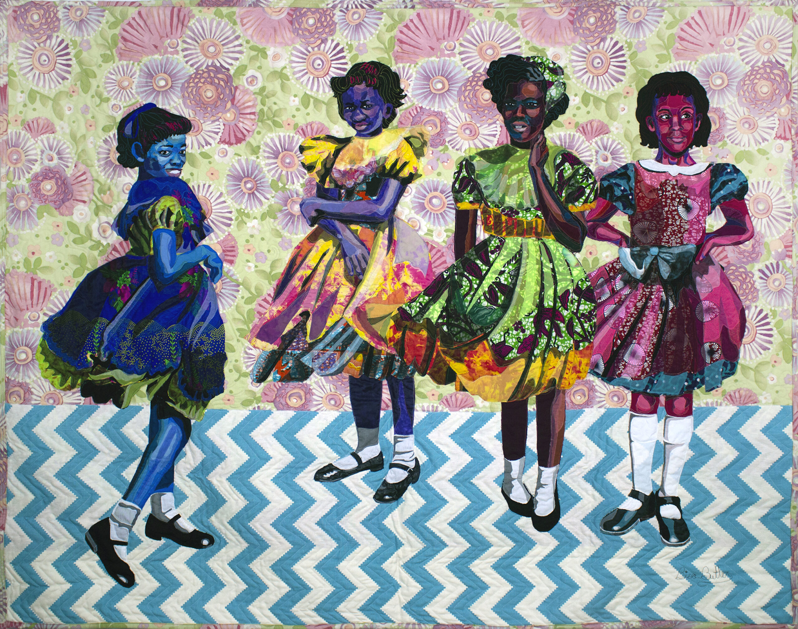 Bisa Butler, Four Little Girls, September 15, 1963, 2018. Cotton, silk, and lace. On loan from the Scantland Collection