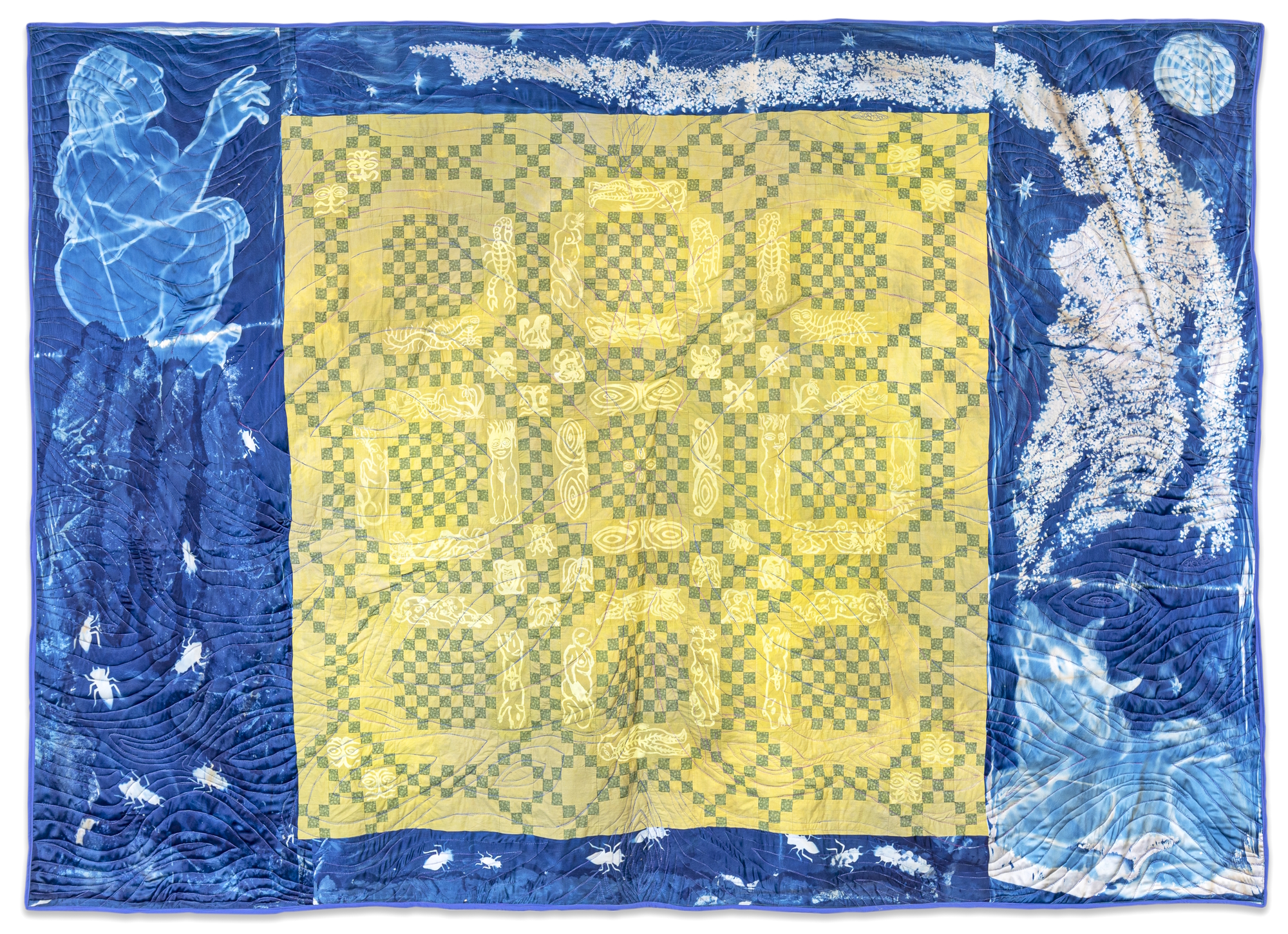 Tura Oliveira, O Spirits of whom my soul is but a little finger, Direct it to the lid of its flesh-eye (They begin their journey into the brutality garden, the cosmic hedge maze), 2022. Hand-dyed cotton and cyanotype on silk. Courtesy of the artist and Geary Contemporary, NY; Photo: Walker Esner