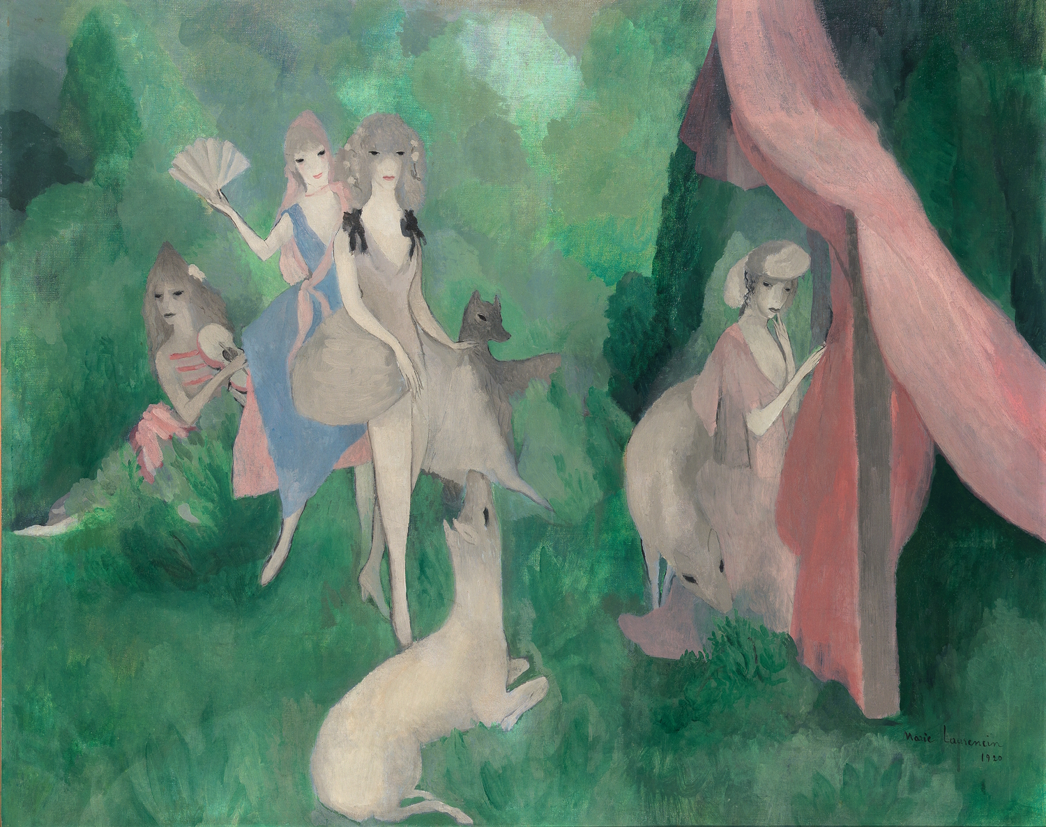 Marie Laurencin, Women in the Forest (Femmes dans la forêt), 1920. Oil on canvas. Private collection, Alberta, Canada. © Fondation Foujita / Artists Rights Society (ARS), New York / ADAGP, Paris 2023