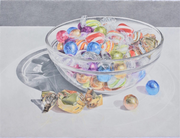 Lowell Tolstedt, Glass Bowl With Wrapped Candies, 2020. Colored pencil on Arches hot press watercolor paper. Museum Purchase with funds provided by David Schooler
