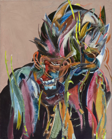 Leasho Johnson, Jaw bone (man looking back at the cane fields), 2019. Charcoal, watercolor, distemper, acrylic, oil stick, oil paint on canvas. Art Gallery of Ontario. Purchase, with funds from Friends of Global Africa and the Diaspora, 2021. © Leasho Johnson. Photo AGO. 2021/30