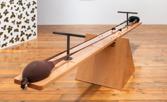 Senga Nengudi, See-See Riders, 2024. Wood, steel, nylon pantyhose, sand, bells. Commissioned for Las Vegas Ikebana: Maren Hassinger and Senga Nengudi by the Cooley Gallery, Reed College. Courtesy the artist, Sprüth Magers, and Thomas Erben Gallery.