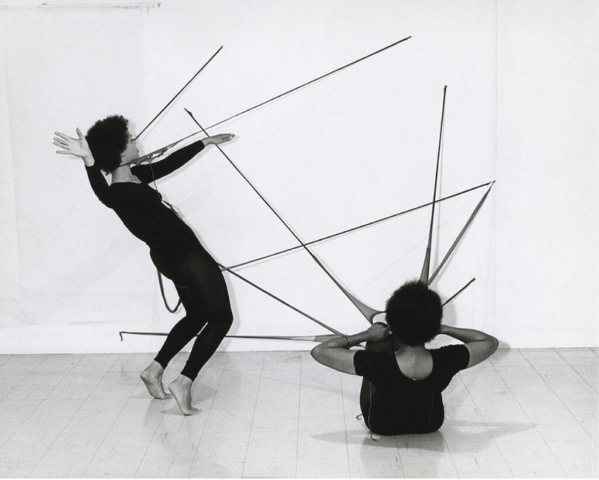 Maren Hassinger and Senga Nengudi peforming with Nengudi’s R.S.V.P. Performance Piece (1977) at Pearl C. Wood Gallery, Los Angeles, May 1977. Photo: Harmon Outlaw. Courtesy Senga Nengudi, Sprüth Magers, and Thomas Erben Gallery.