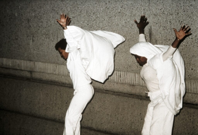 Maren Hassinger and Senga Nengudi performing Flying (1982) in Barnsdall Park for the opening of Afro-American Abstraction, Los Angeles Municipal Art Gallery, Los Angeles, CA, July 6, 1982. Photo: Adam Avila. Courtesy the artists, Sprüth Magers, and Thomas Erben Gallery.