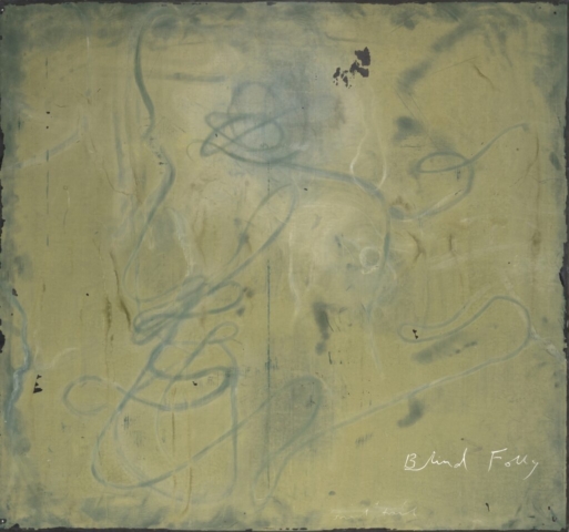 Tacita Dean, Blind Folly, 2024. Spray chalk, white gouache, and charcoal pencil on found painted slate, 48 × 51 1/8 in. (121.9 × 129.9 cm). Courtesy of the artist. © Tacita Dean. Photo: Fredrik Nilsen Studio