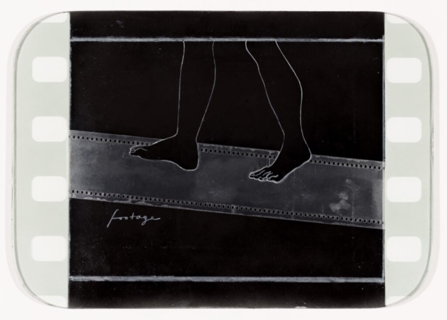Tacita Dean, Locomotive Drawing: Footage on 70mm, 2024. Enamel and mirror lacquer on found tarnished steam train window, 12 1/8 × 17 3/16 × 3/16 in. (30.8 × 43.7 × 0.4 cm). Courtesy of the artist; Marian Goodman Gallery, New York/Paris/Los Angeles; and Frith Street Gallery, London. © Tacita Dean. Photo: Studio Tacita Dean/Simon Hanzer